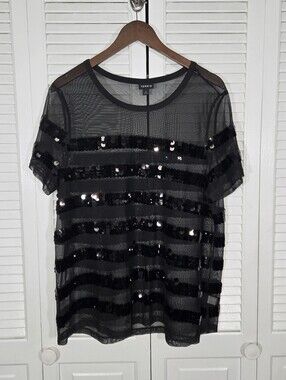 Torrid Black Sheer Mesh Sequined Striped Crewneck Short Sleeve Tee Sz 1
